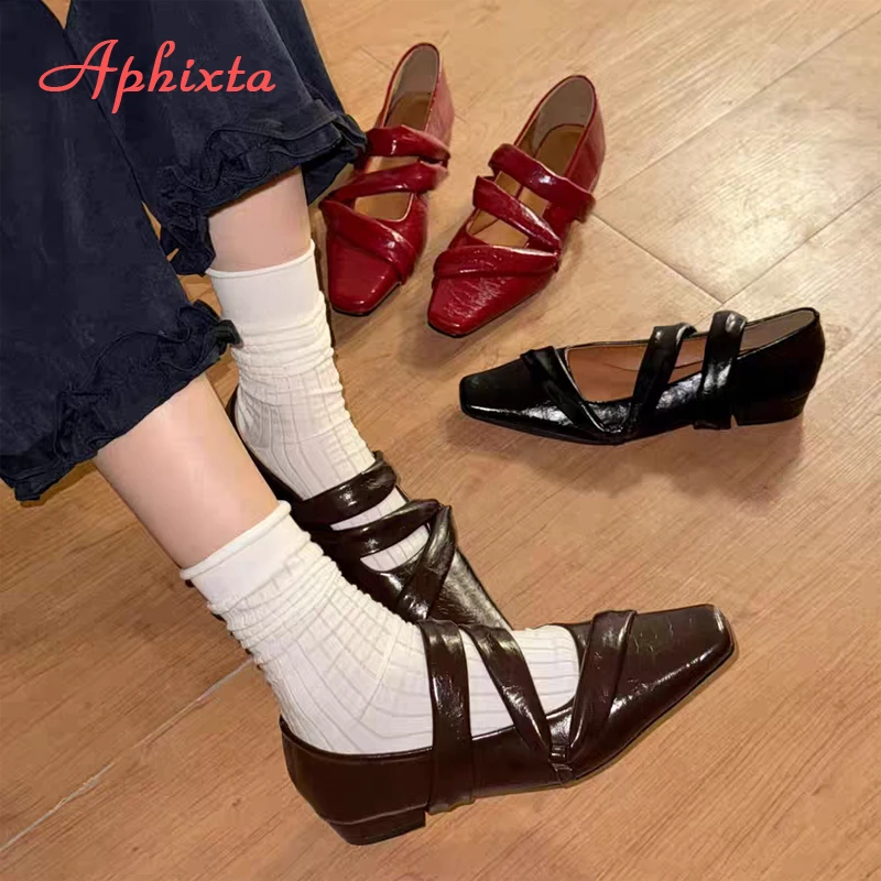 

Aphixta Red 2.5cm Low Heel Pumps Cool Narrow Band Spring Woman Shoes Elegant Women Mary Janes Square Toe Patent Leather Shoes