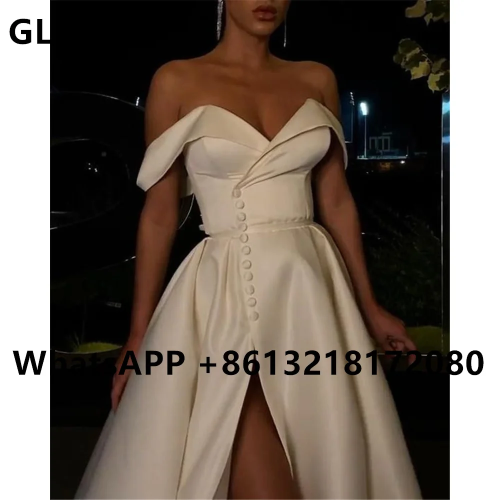 Luxurious Off Shoulder Front High Split Satin Sweetheart Covered Buttons Evening Dresses Pleat Prom Gowns Party Dress Customized