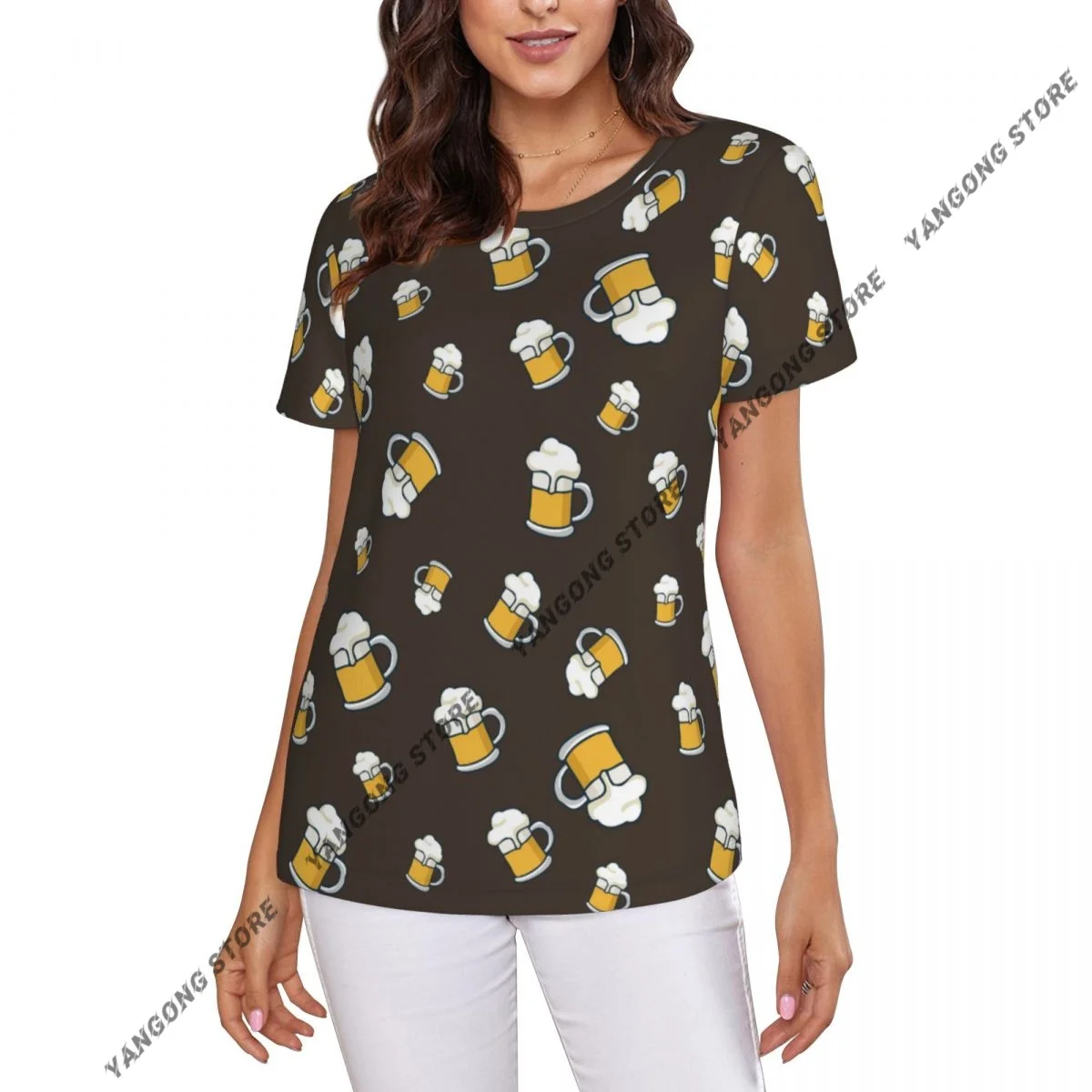 

Women Short Sleeve Top Beer Pattern T-shirt Fashion Summer Female Tops Loose Round Neck T Shirt