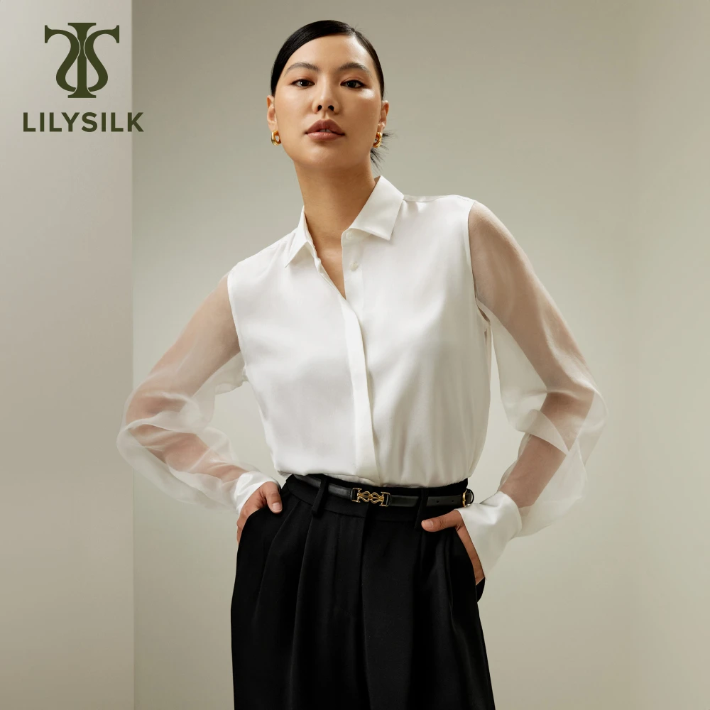 LILYSILK Womens Ethereal Silk Shirt with Crisp Sheer Sleeves