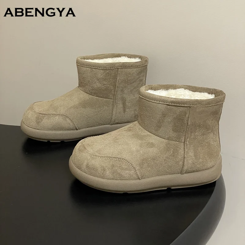 

2025 зимние замшевые ботинки цвета хаки на платформе, женские теплые шерстяные короткие ботильоны с круглым носком, дизайнерские повседневные вечерние зимние ботинки для женщин