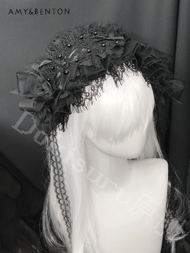 

Japanese Original Subculture Lolita Dark Gothic Lace Headband Heavy Beaded Bowknot Solid Color Versatile Punk Style Head Band