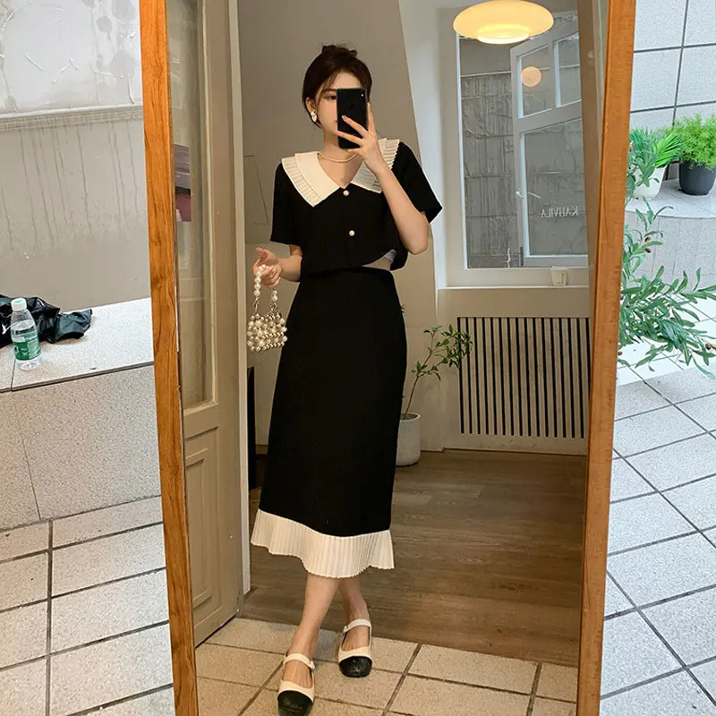 Summer Elegant Women Skirt Sets Retro Office Lady Outifits Puff Sleeve Black Top Skirts Set Korean Fashion Sweet Hepburn Suit