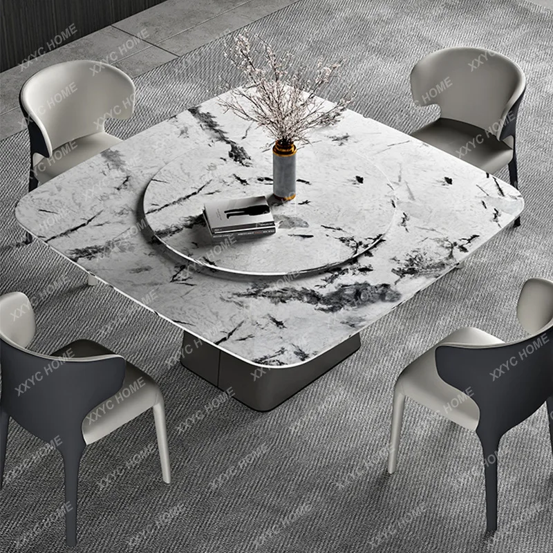 

MC light luxury slate dining table round table minimalist stainless steel feet swivel with turntable