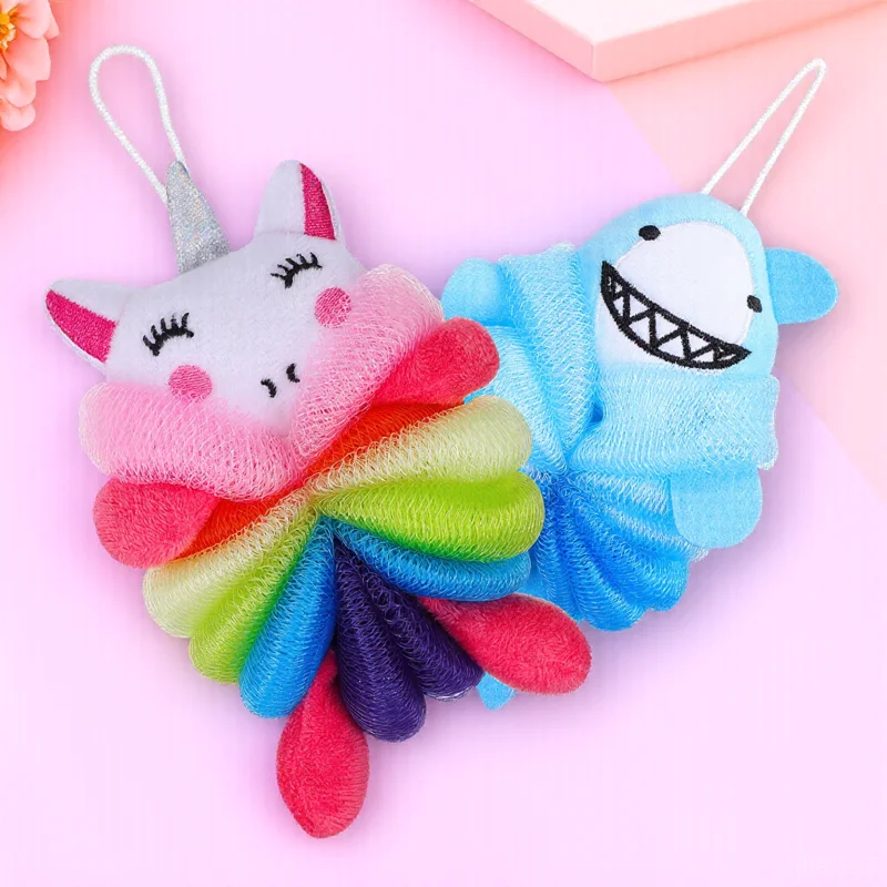 

2pcs Bath Sponge Shower Loofah Kids Exfoliating Bathroom Wash Animal Design Body Scrubber Quick Dry Lanyard Travel Use Bathing