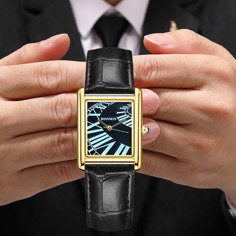 HONMIN Luxury Style Roman Dial Tank Ultra-Thin Rectangular Elegant Men's Quartz WaterProof Watch