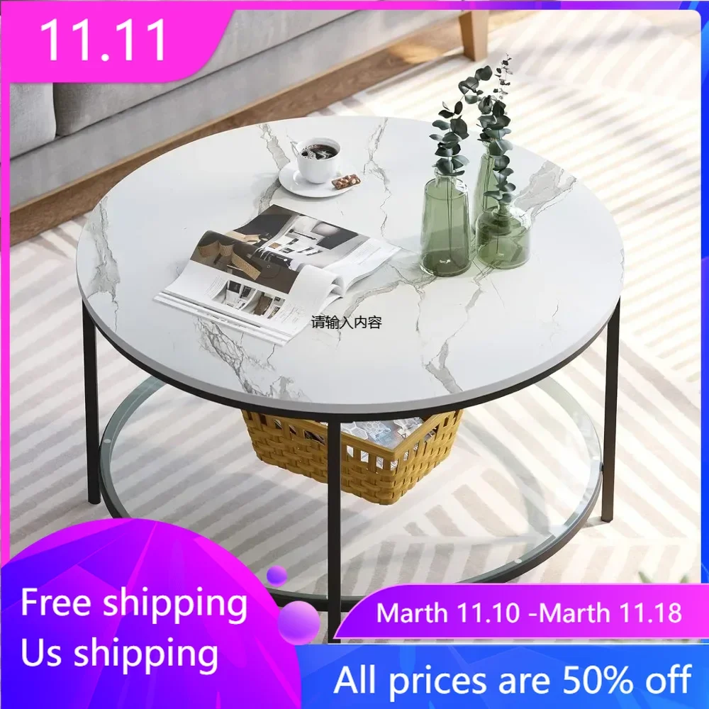 

Circular coffee table, living room glass double-layer marble coffee table, transparent coffee table with storage space