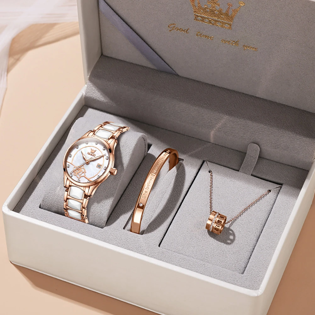 OLEVS 3606 Ladies Watch Luxury Quartz Wristwatch Ceramic Strap Camellia Dial Waterproof  Ladies Date Watch Set Original Reloj