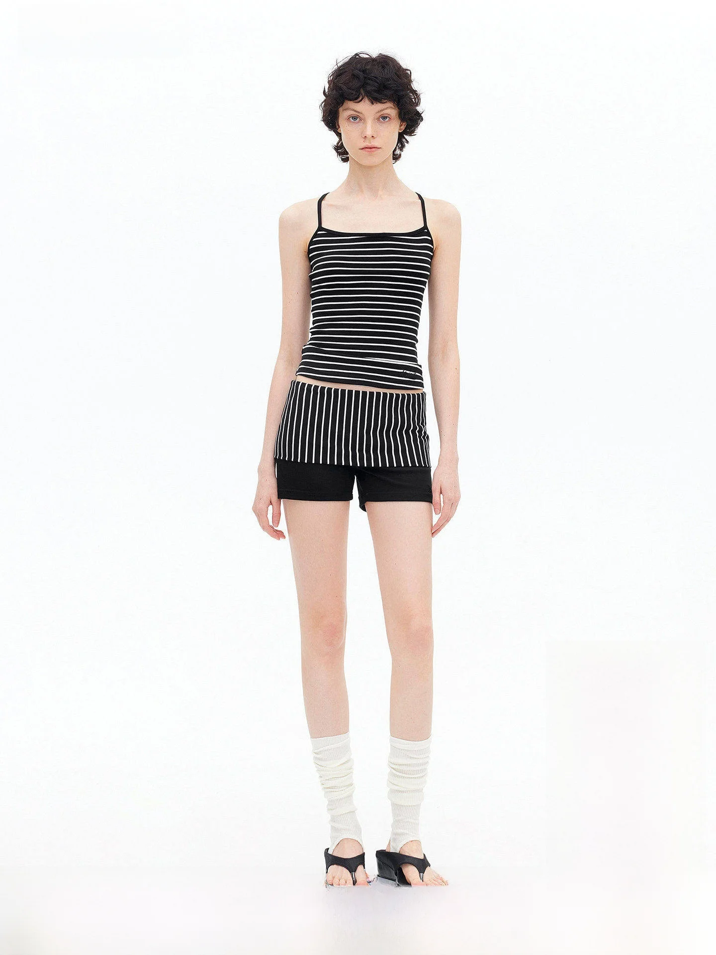 

AFTADAWN Lenzing Skin-friendly Fine Stripe Cross Back Slim Fit Halter Shorts Set Color Block Turn-down Collar Summer Outfit