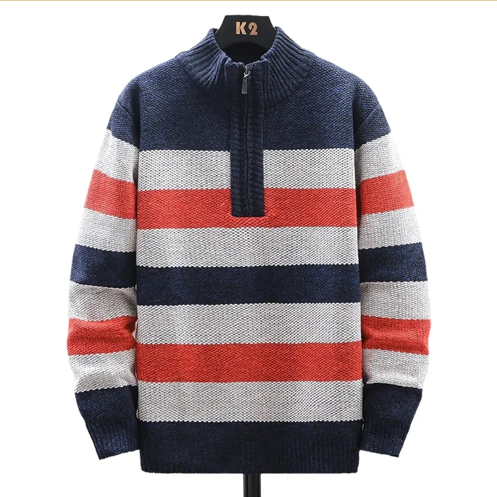Men's Sweater Thick Fleece Lined Pullover Quarter Zipper Autumn Winter Clothes Boys Stand Collar Knit Sweaters