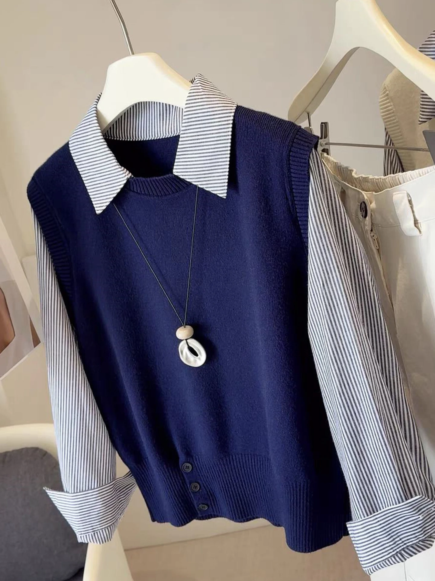 

Женский вязаный свитер Ele Korean Sle с длинными рукавами, осенний модный топ с дизайнерскими вставками, роскошный повседневный вариант для работы и отдыха