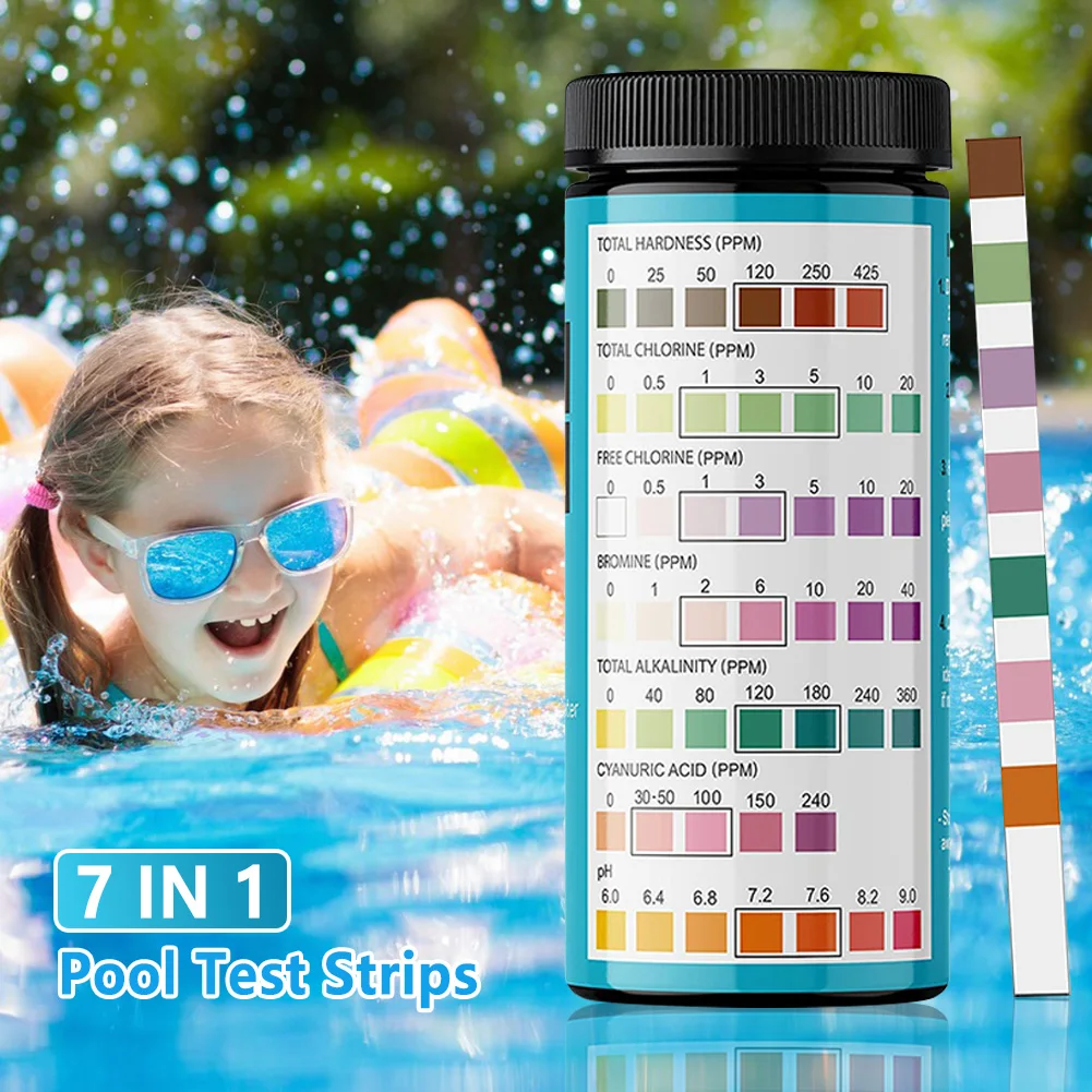 7 in 1 100 Stück Pool-Teststreifen, hochpräzise, wasserdichte Tester, Papier, tragbar, leicht, für Schwimmbad, Spa, Whirlpool
