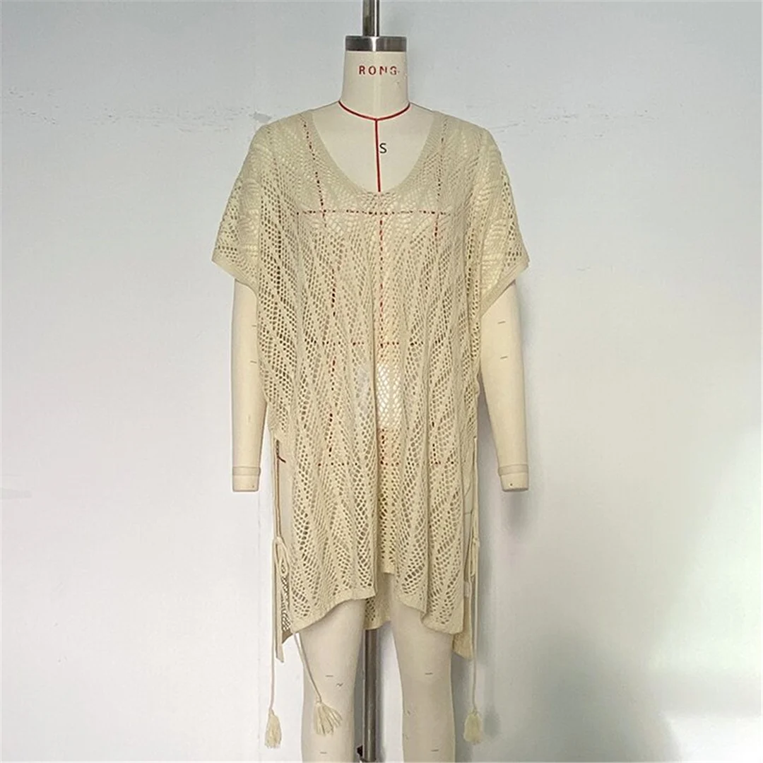 Neues, kurzärmeliges, einfarbiges, gehäkeltes Strick-Tunika-Strandkleid mit V-Ausschnitt, Strandkleid, Strandmode, Damenmode, K8580 – Detail 9