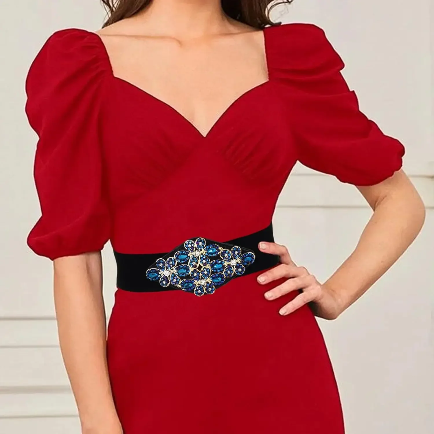 Cintura elasticizzata con strass Cintura larga nera da donna Cinture blu Accessori elastici per gioielli in vita con fiori per il vestito