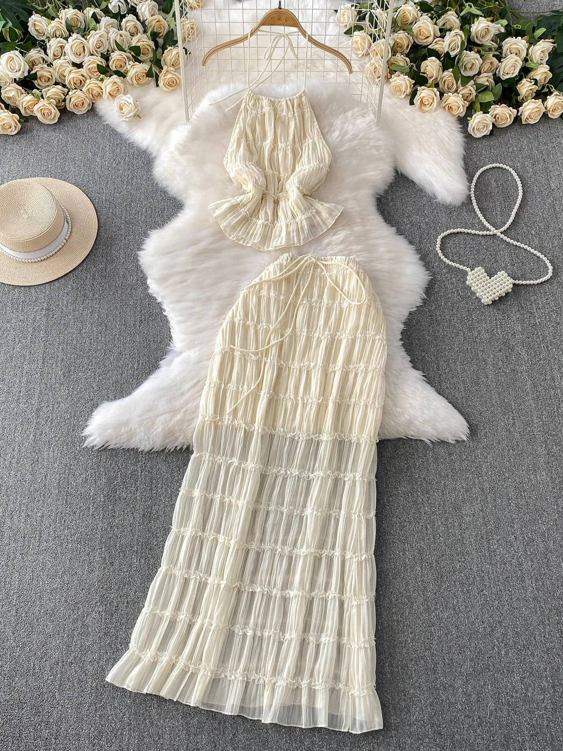 

Slimming High Waist ter Ne Lace Trim ort Dr with Bal Design And Pleated Detail Two Piece Set for Young Women
