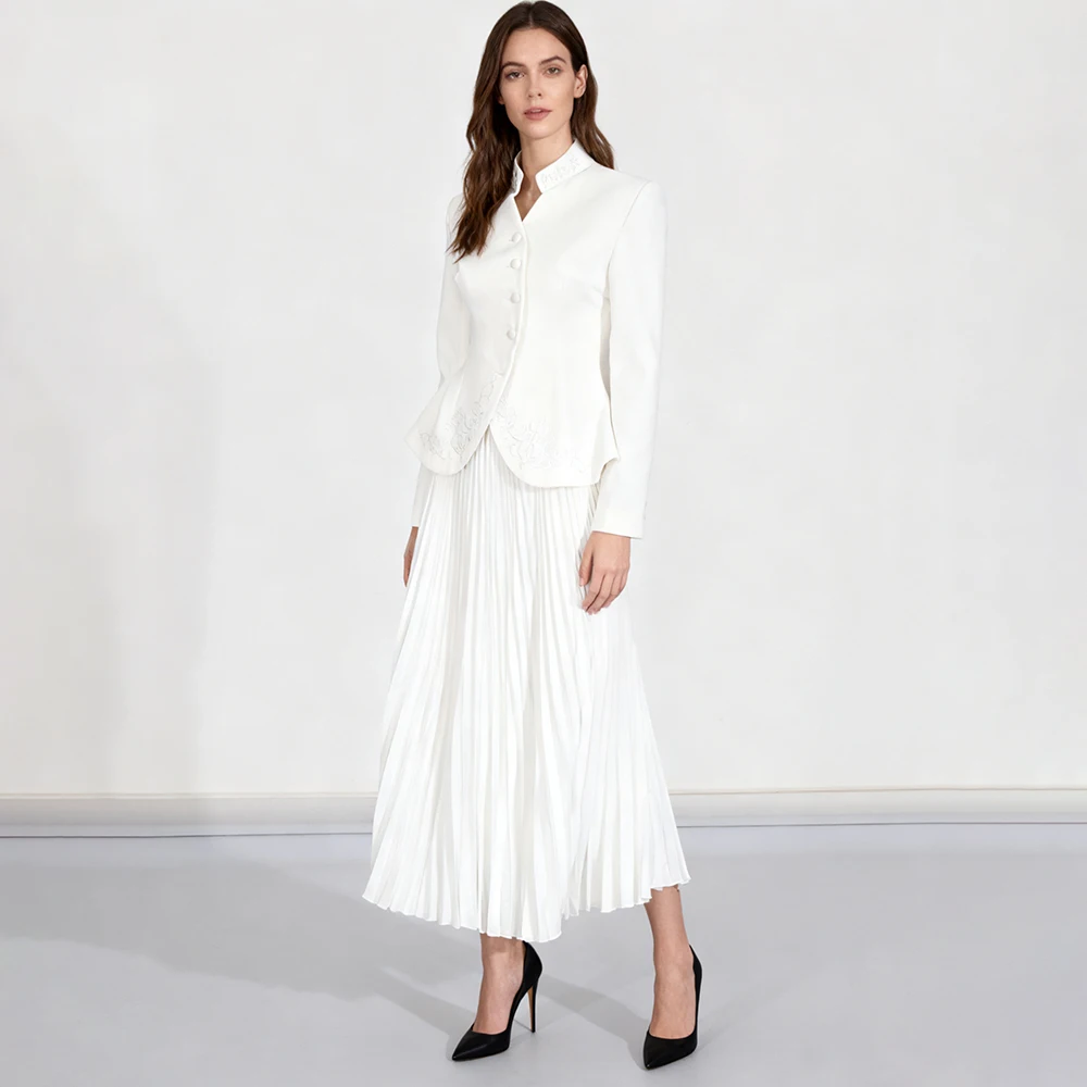 

Однотонный комплект из двух предметов для женщин, воротник-стойка, лоскутный топ на пуговицах с длинными рукавами, юбка с высокой талией, женский модный комплект