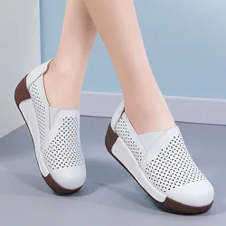 GKTINOO New Women's Genuine Leather Sneakers Platform Shoes Wedges White Lady Casual Shoes Swing mother Shoes Size 34-40