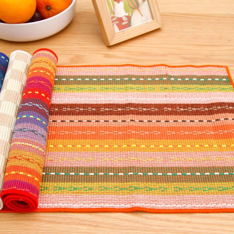 1PC Colorful Stripes Printed Placemat Rectangle Cotton Table Mats Anti-skid Washable Dinner Table Mats Home Kitchen Supplies