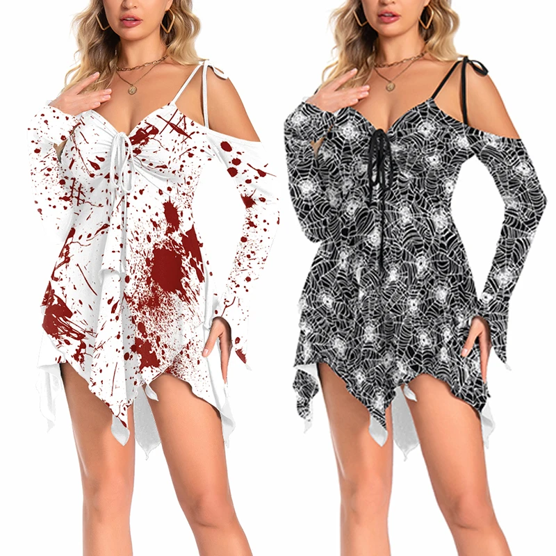 

Halloween Witch Dresses Zombies Cosplay Costumes for Women 3D Printing Irregular Mini Dresses Female Holiday Party Gothic Dress