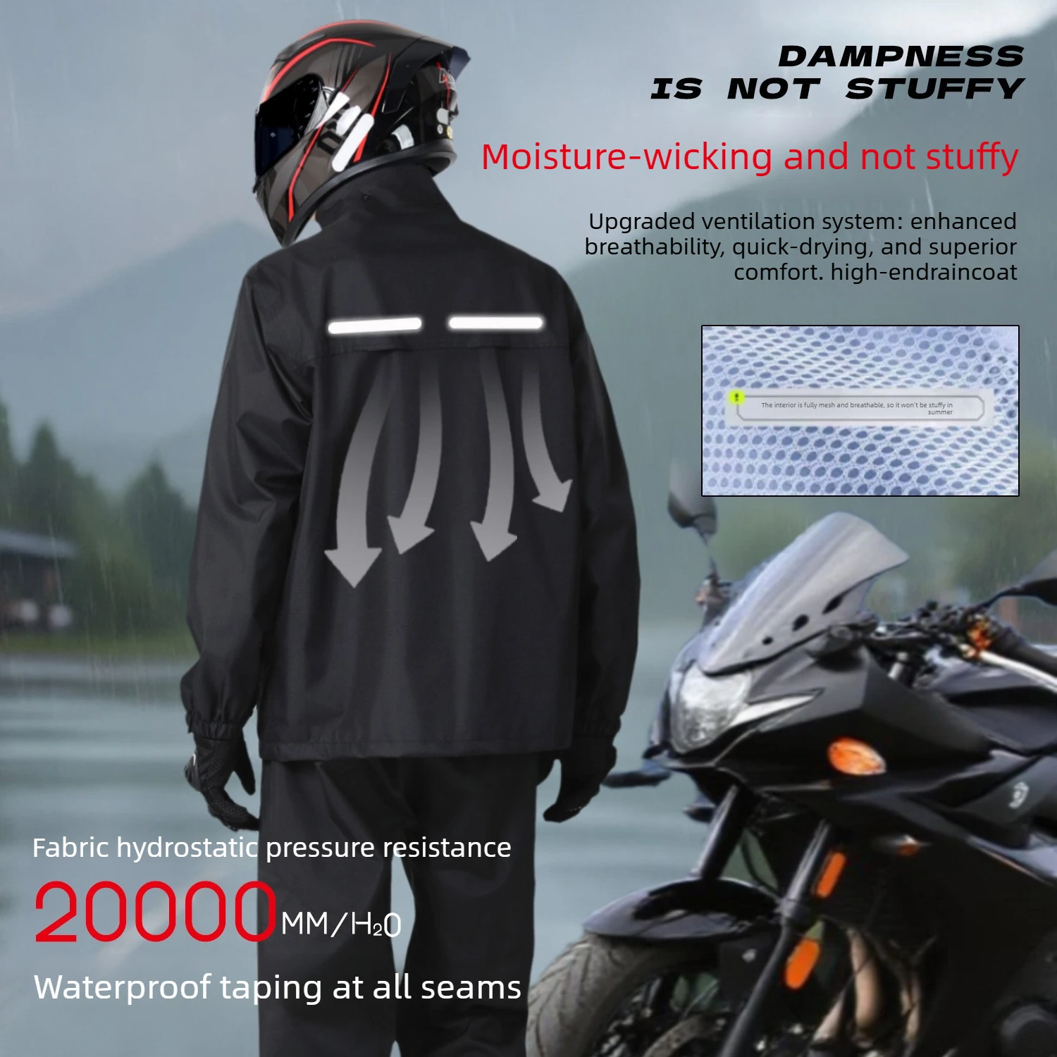 New Black Motorcycle Rain Suit Men Women Rain Gear Waterproof Protective Rain Coat with Pants 2 Pieces Breathable Outdoor