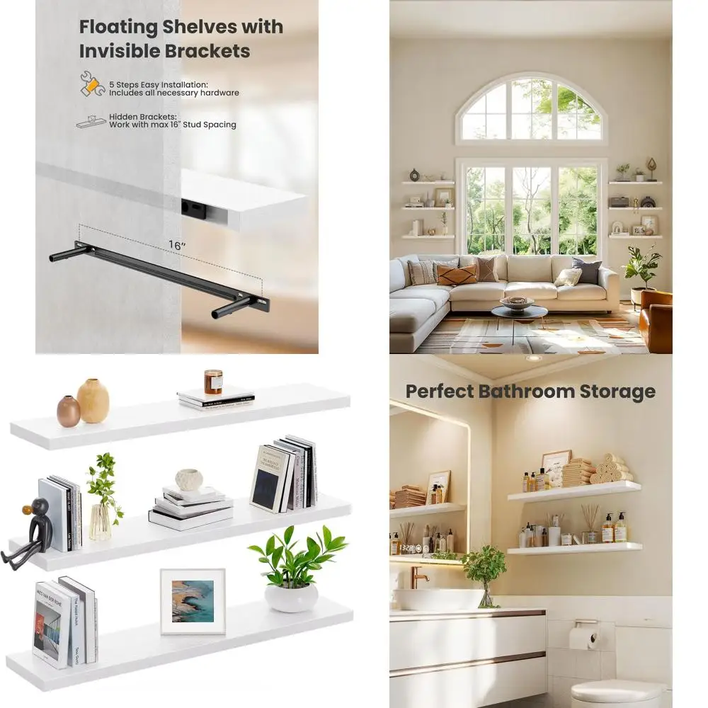 

Set of 3 White 23.6 L Wall-Mounted Shelves for Home Decor with Hidden Brackets