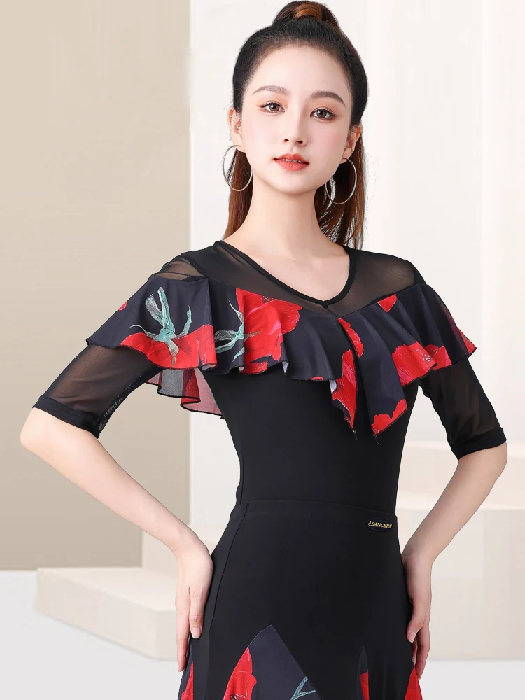 Nova meia manga malha impressão topo de dança de salão roupas femininas padrão nacional chacha rumba trajes de dança moderna dql11736