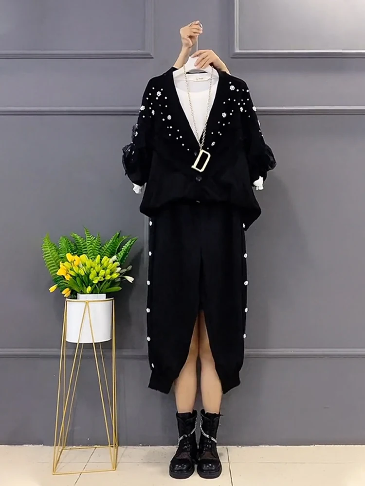 2023 Spring New Elegant V-neck Diamond Lace Knitted Coat Women Black Sweatpants Two-Piece Suit Fashion Bead Tracksuit Oversized