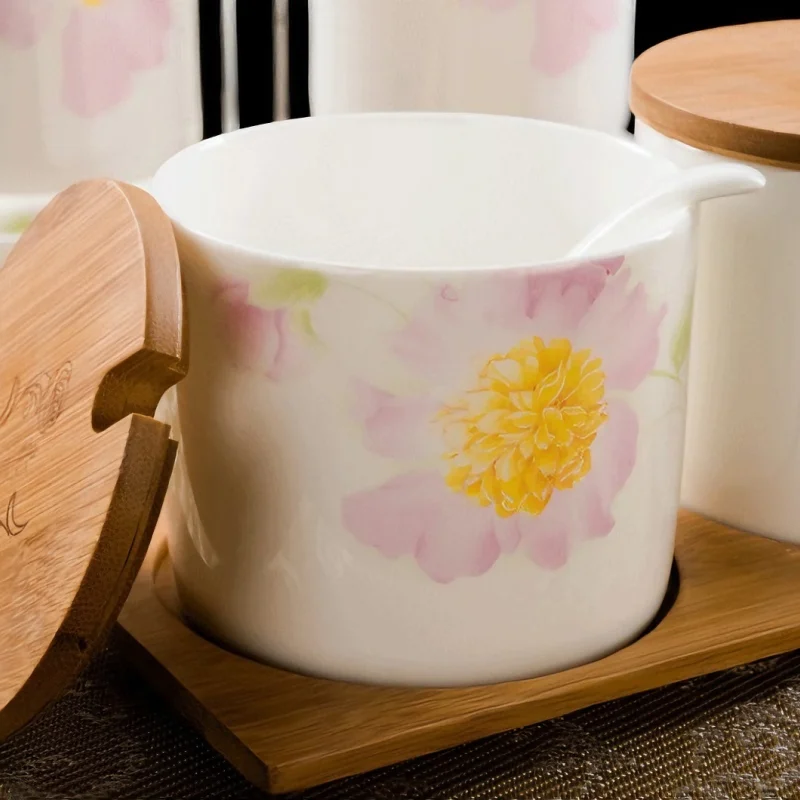 3pcs set, real bone china kitchen jars for spices, sun-flower, ceramic seasoning door condiments, spices organizer kitchen