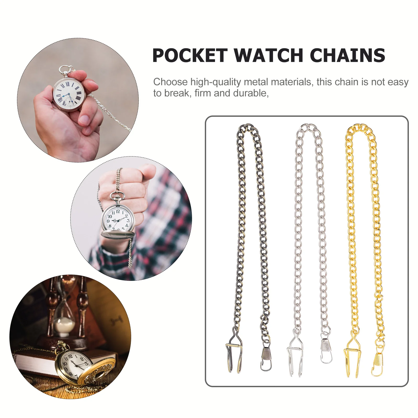 

3 Pcs Pocket Watch Chains Silver Gold Bronze Metal Retro Necklace Making Supplies for Men Lightweight Portable