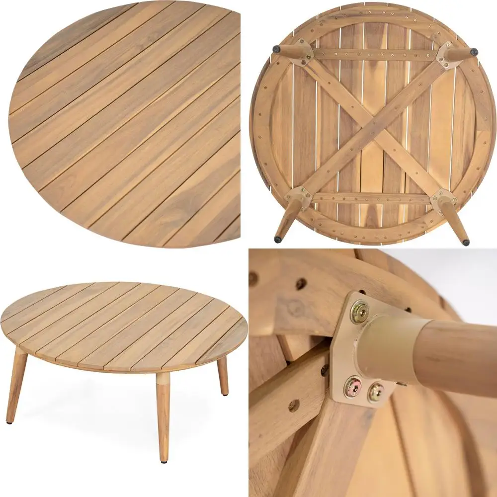 

Natural Acacia Wood Slatted Outdoor Coffee Table, Round Patio Furniture for Garden, Porch, or Balcony, Low Maintenance Design