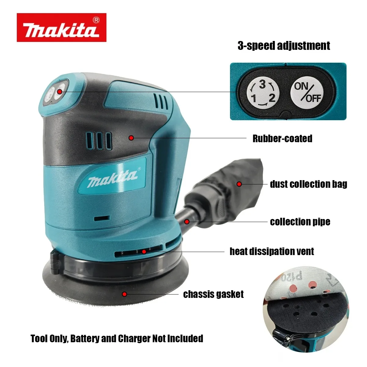 Makita DBO180Z 18V Random Orbital Sander Cordless Woodworking Sanding Putty Polishing for DIY Home and Workshop Use