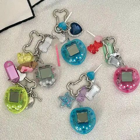 Lovely Virtual Pets Game Console Keychain For Girls Kids Cute Heart Shaped Lollipop Dog Bones DIY Pendant Keyring Jewelry Gifts
