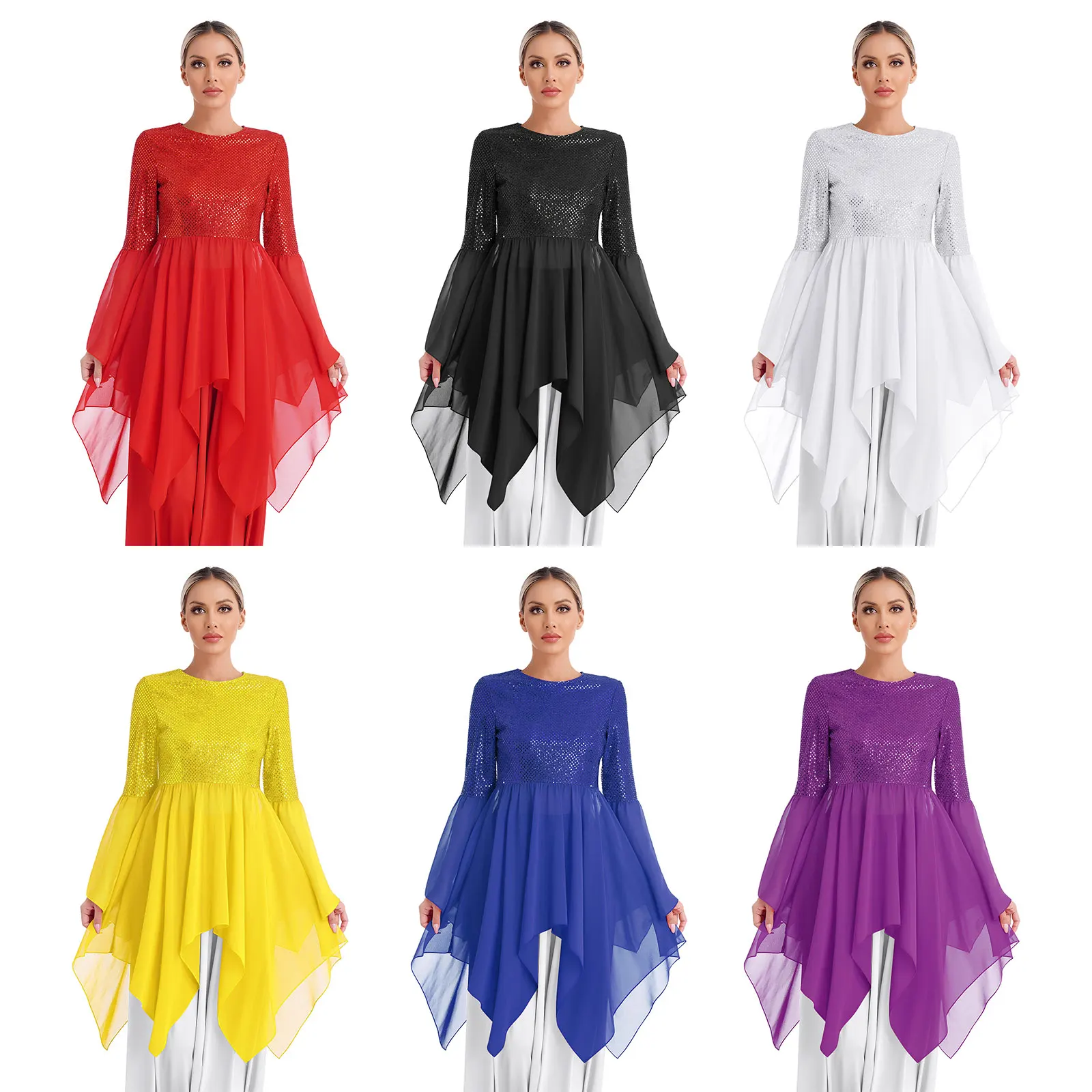 Damen Pailletten ausgestellte Ärmel Lob Tanz kleid mit Maxirock liturgische Kirche Chor Tanz kleidung asymmetrischen Saum Tutu Kleid