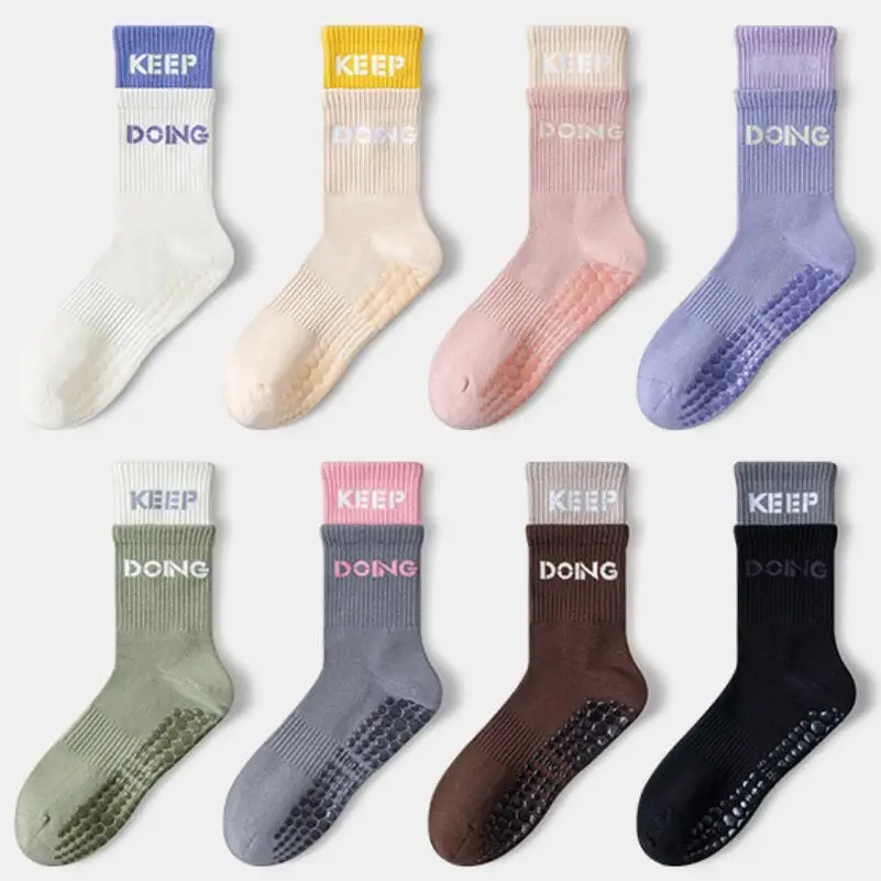4pairs Yoga Socks for Women Pilates Socks with Grips Cute Anti Slip Floor Socks Breathable Double Stripe Middle Tube Sport Socks