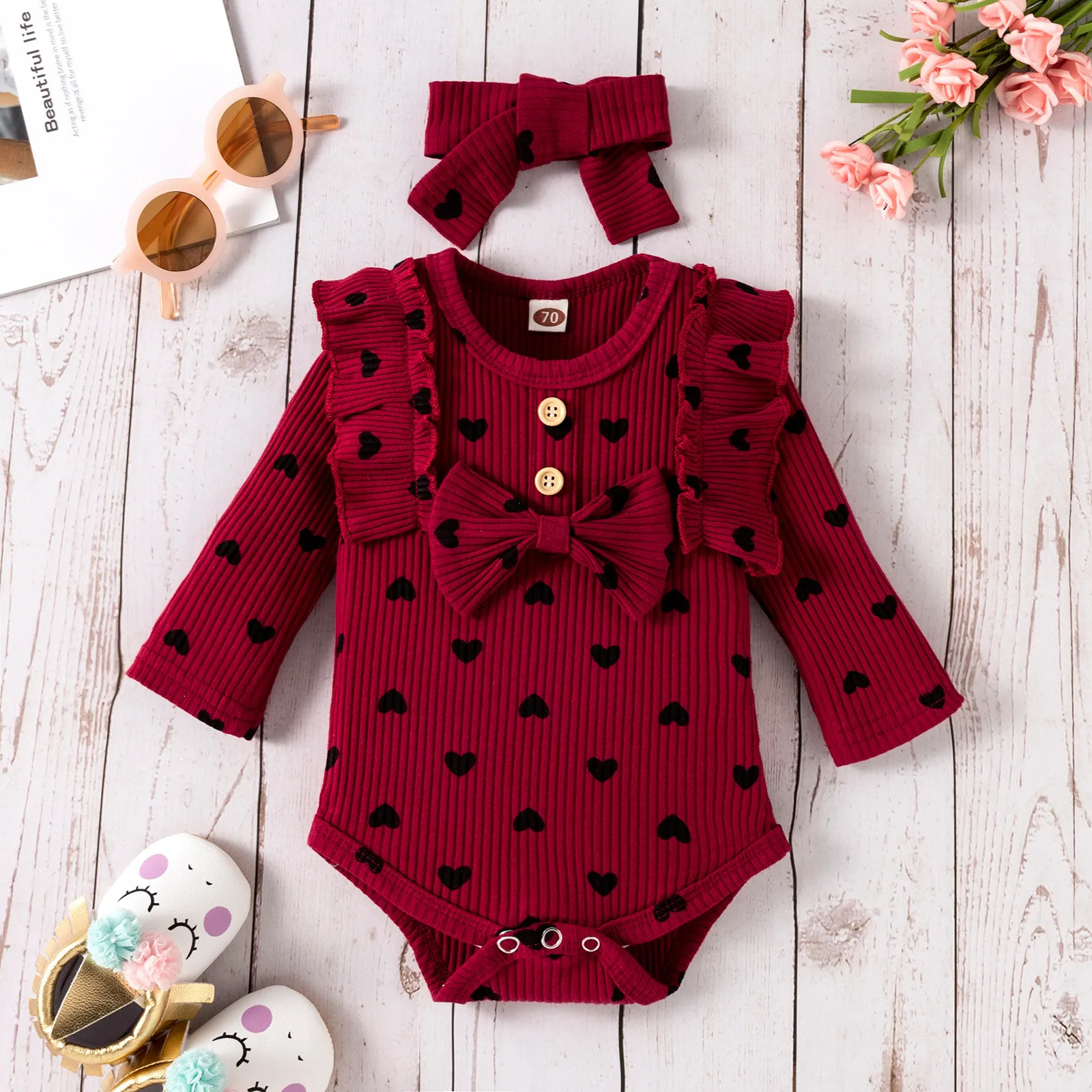 Girls Size 8 Clothes Infant Baby Girls Two-Piece Suit Heart Print Ribbed Bow Romper Tops+ Pants Headband Outfits Sleeve Bodysuit