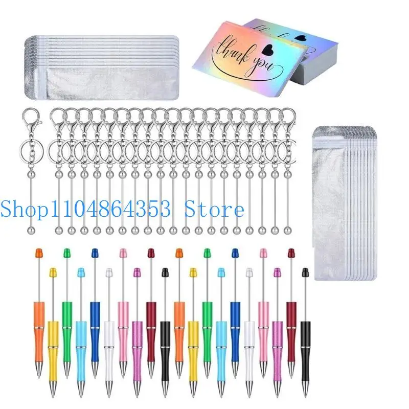 652F Set of 80 Ballpoint Pen with Colorful Bead Stationery Accessories Beadable Pens and Keychain for Custom