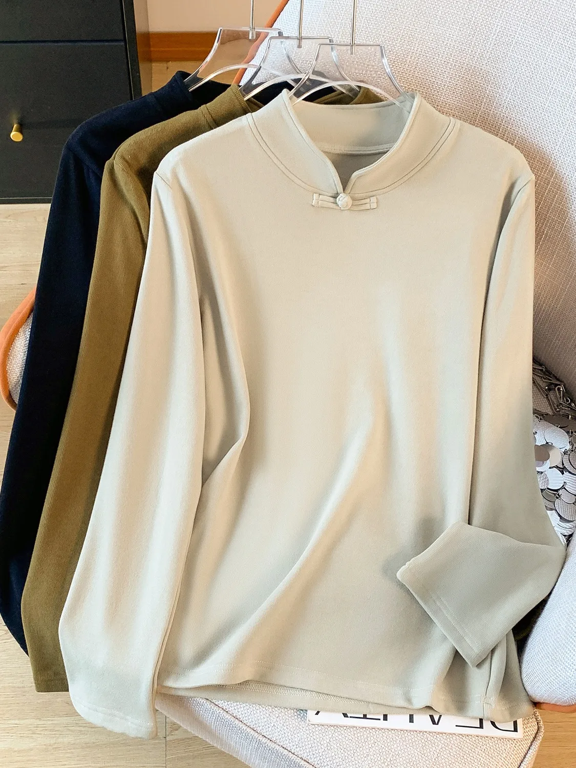 Retro Button-Up Stand Collar Fleece Lined Chinese Style Women's T-Shirt Base Shirt Autumn Winter Self-Heating Comfortable