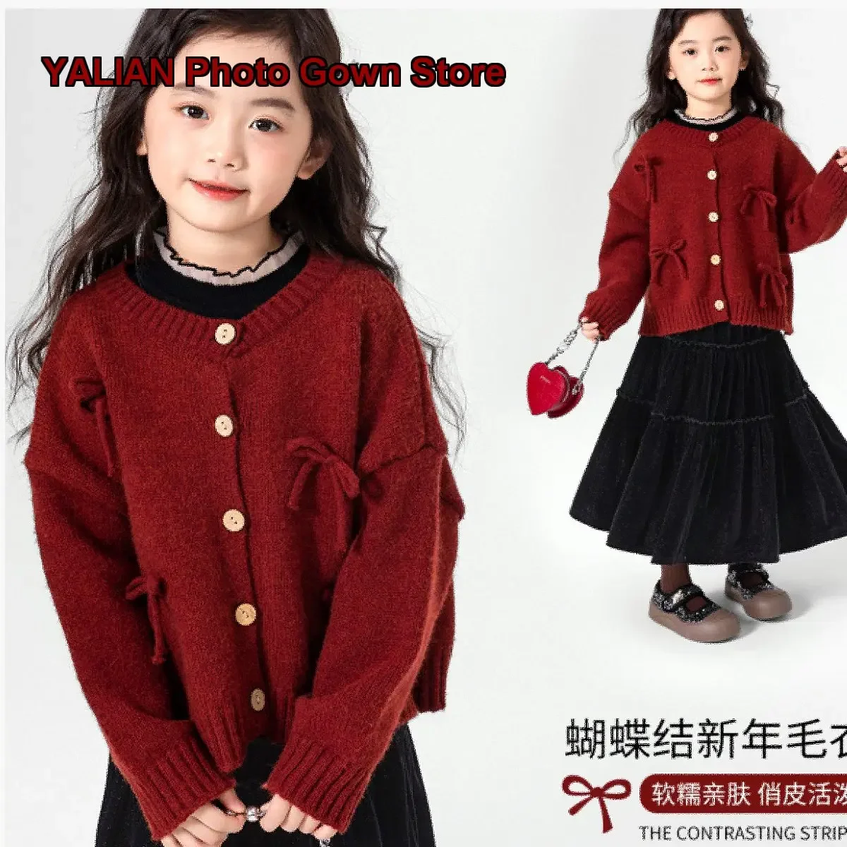Girls New Year Red Lazy Style Knit Bow Tie Winter Jacket for Children Kids