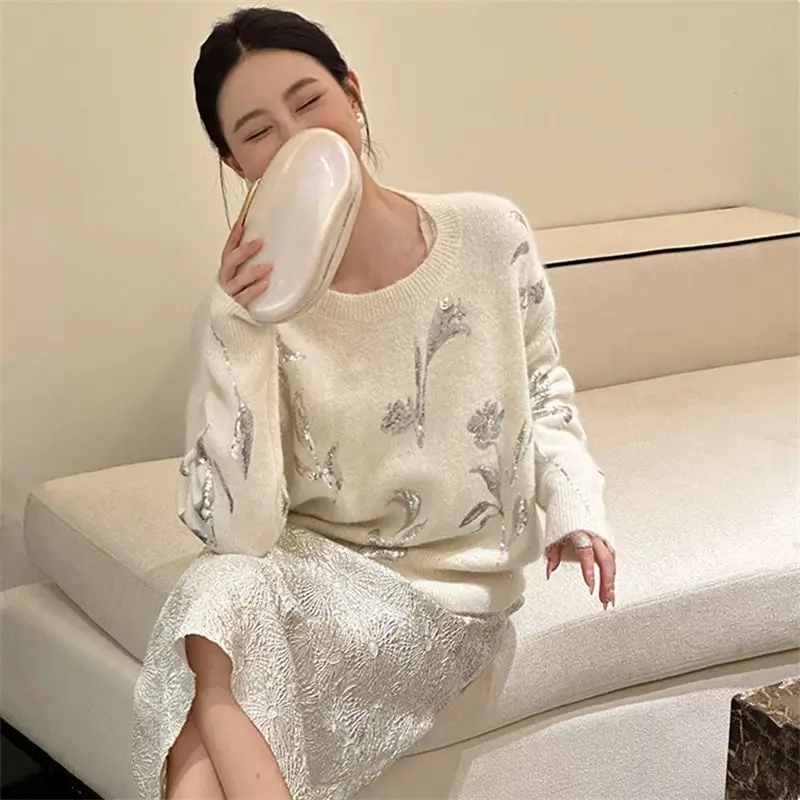 ​ ​ 詳細な花柄レーススパンコール刺繍セーターソフトニットプルオーバーレディース秋冬 ​ ​