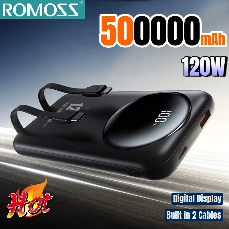 

Внешний аккумулятор ROMOSS с 2 встроенными кабелями, 50000 мАч, большой емкости, с цифровым дисплеем, быстрая зарядка, портативный, новинка 2026 года