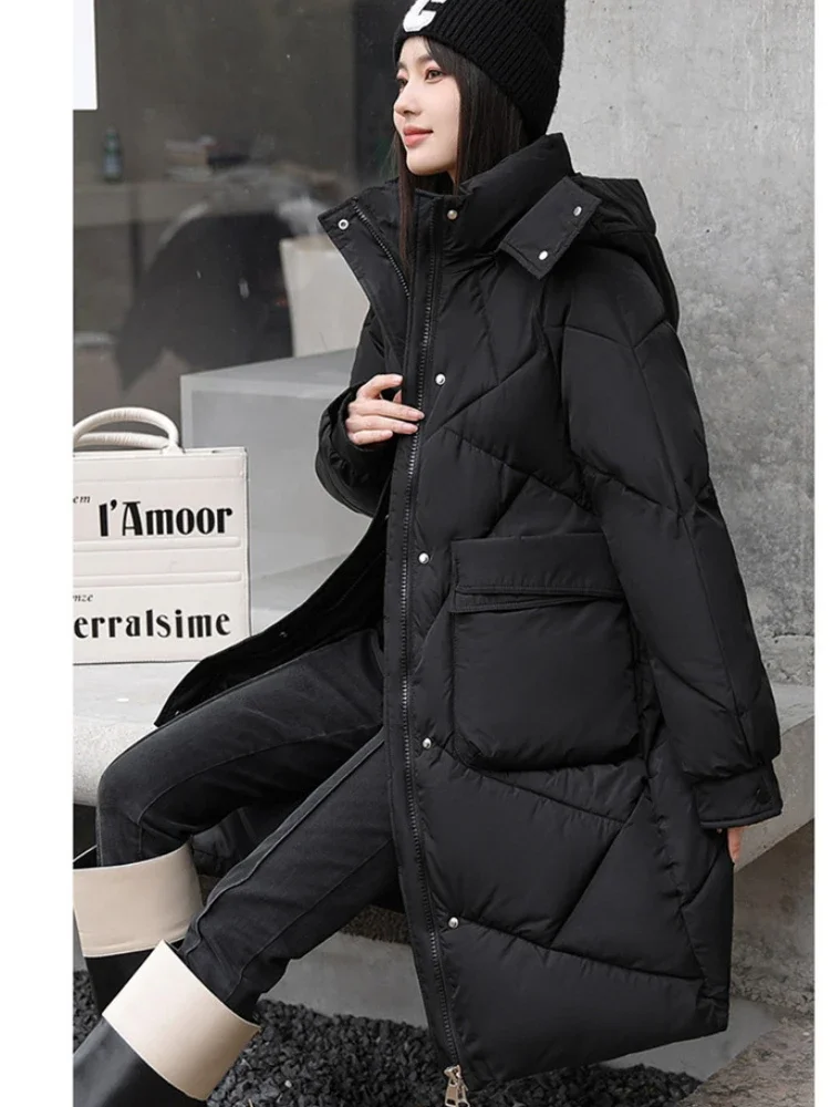 Large Size Long Parkas Winter Warm Quilted Jacket Women Clothing Pockets Zipper Thickened Windproof Windbreaker Long Sleeve Coat