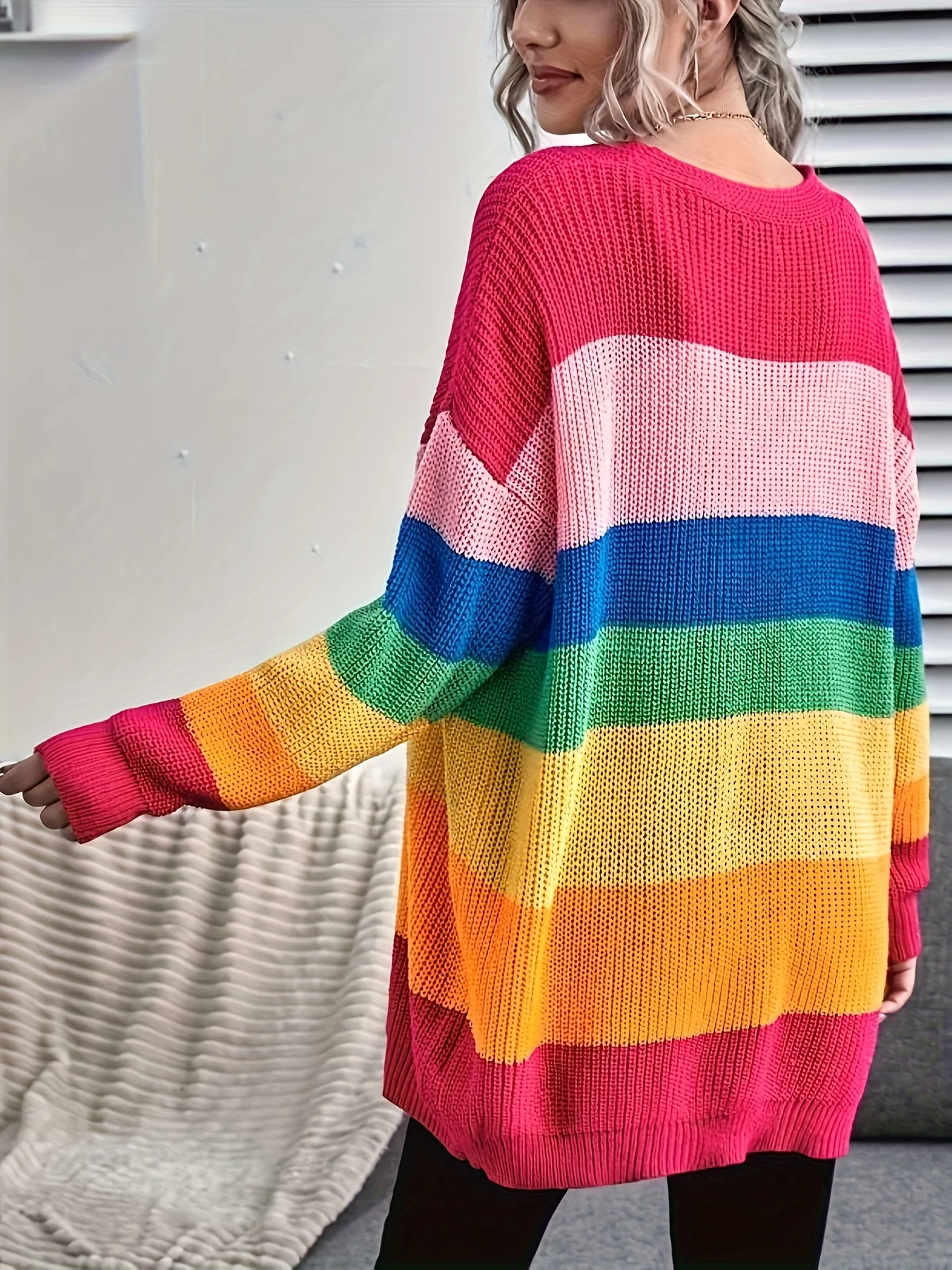 2026 New European and American Style Rainbow Color-Block Striped Knit Cardigan V-Neck Casual Everyday Streetwear Top Jacket
