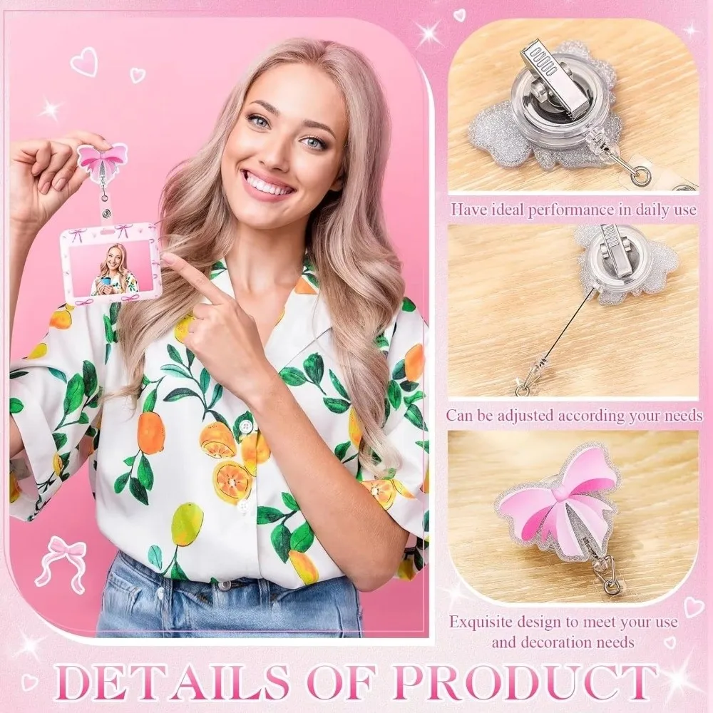 New Bow Print ID Badge Holder 360° Rotating ABS Name Tag Holder Horizontal Retractable Card Holder School Office Supplies