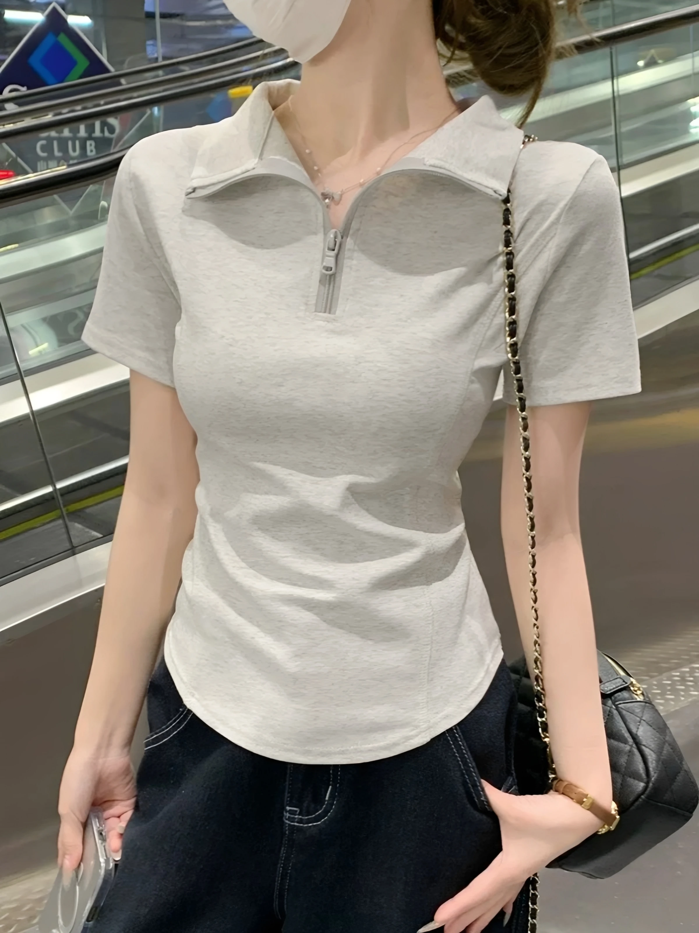 Slim Fit  Neck Zipper Short Sleeve T-Shirt Women's Cotton 95% Summer New Style Big Size Fishbone Top Elegant Simple Design