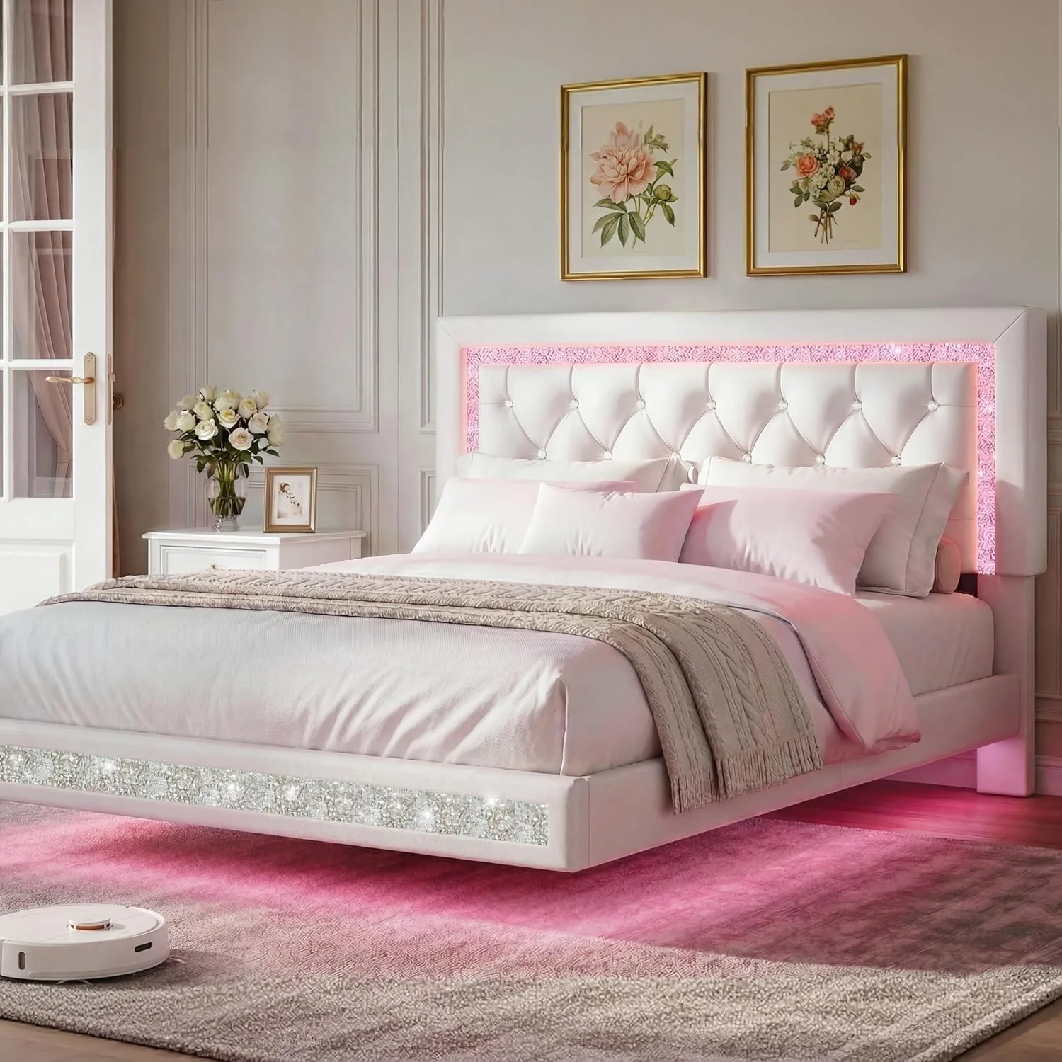 Floating Bed Frame Queen with LED Lights, Faux Leather Upholstered Bed Frame with Diamond Tufted Headboard, Customized