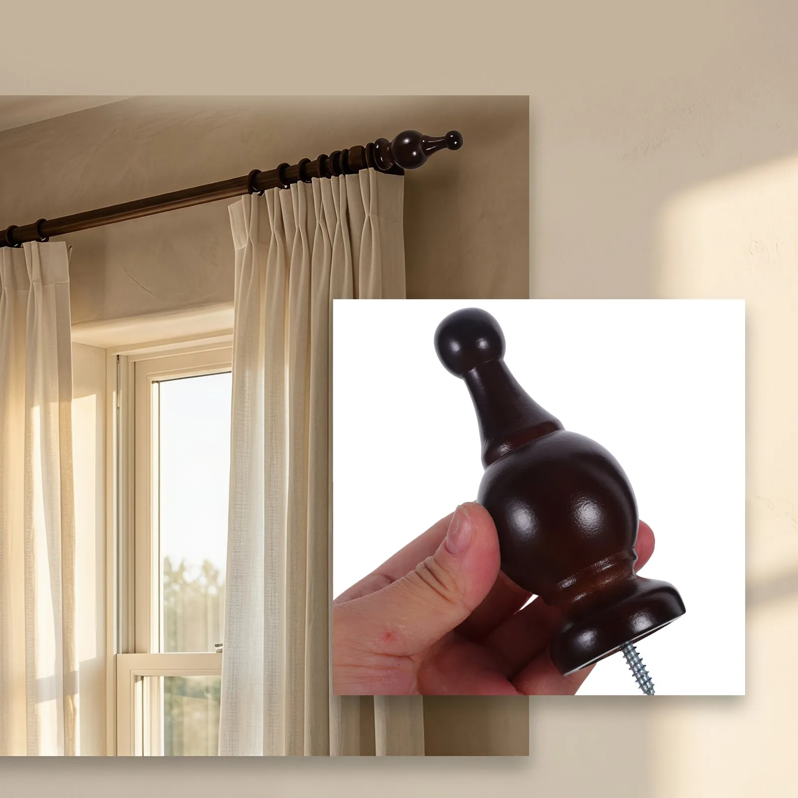 2Pcs Window Curtain Rod Finials Wood Decorative Screw on Drapery Rod End Caps Fit 28Mm Poles Rustic Ornate Style