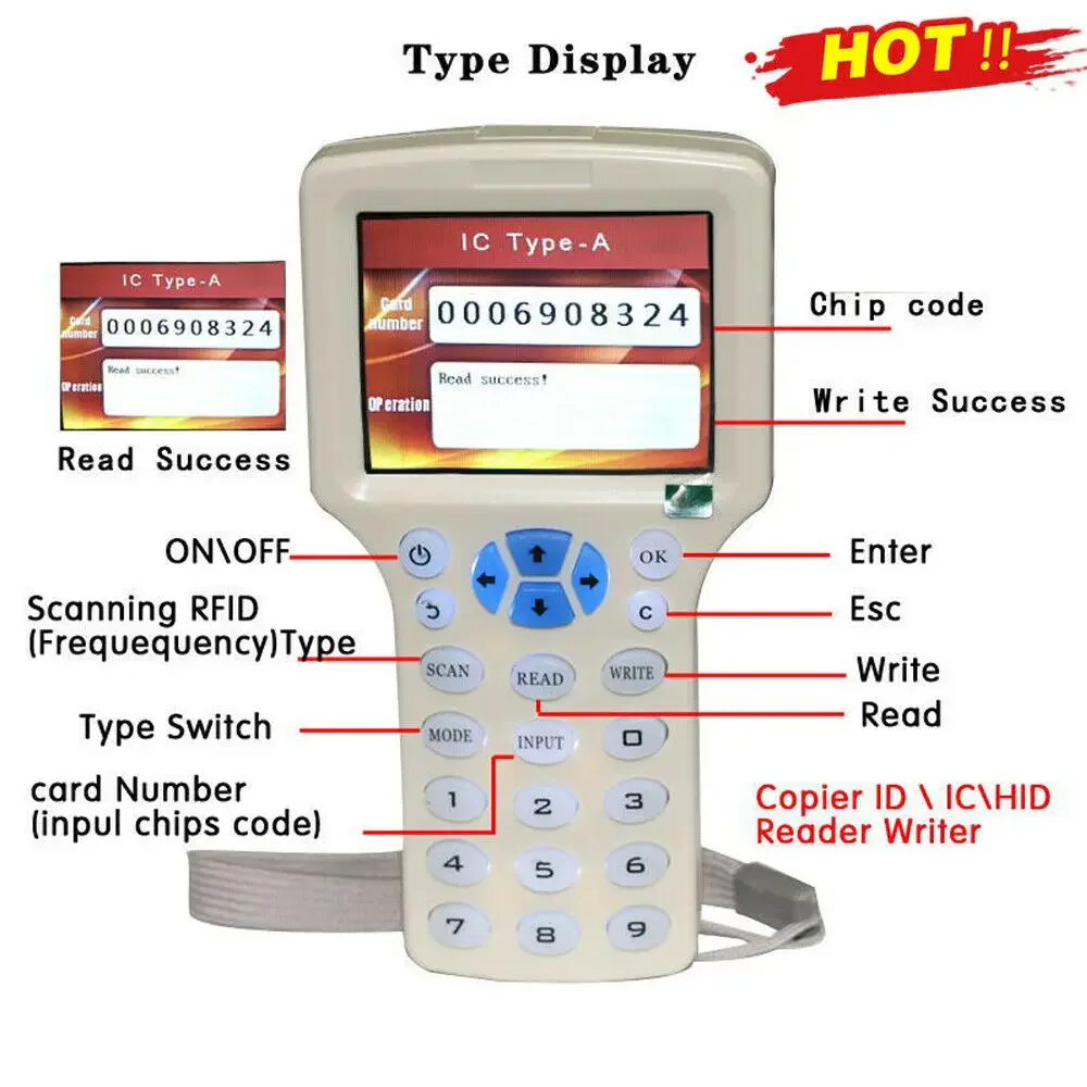 10 Frequency RFID Reader Writer Copier Duplicator IC ID with USB Cable for 125Khz 13.56Mhz Cards LCD Screen M1 HID T5577 EM4100