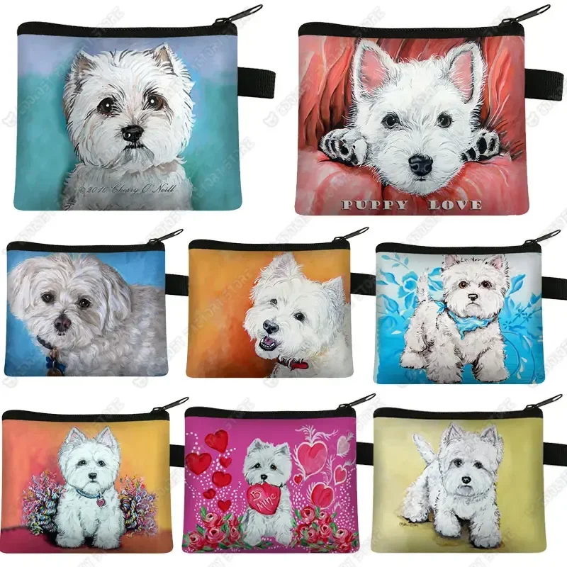 Preciosa bolsa para monedas con pintura de perro Westie para mujer, lápiz labial, tarjeta, llave, Mini perro, billeteras con logotipo, regalo
