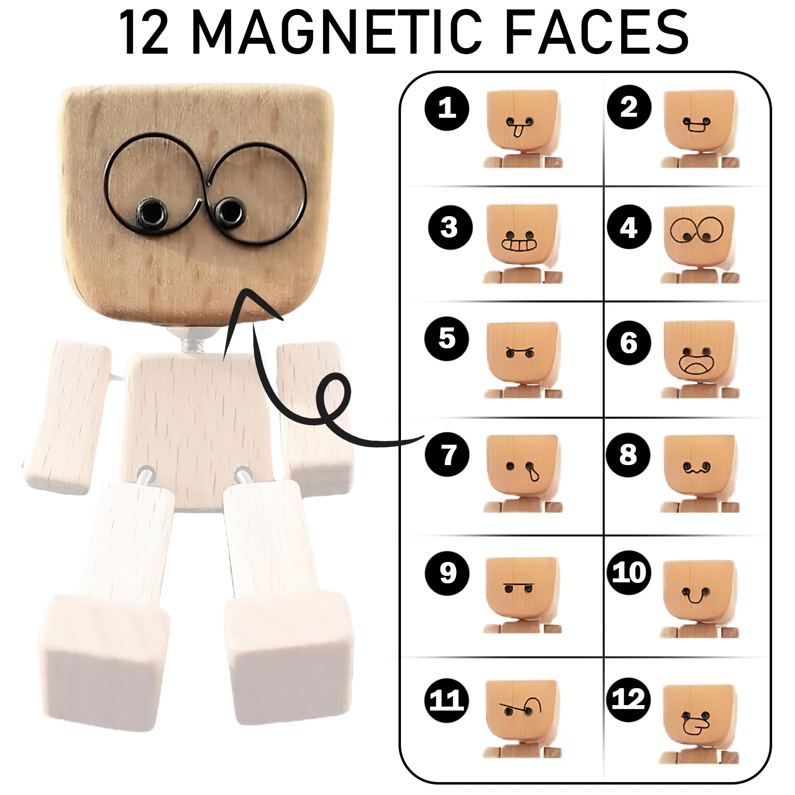 12 Magnetic Face Figure Decoration Expresons Creative Car Decor Handmade Wooden Funny Bobblehead Figure Wiggling Wooden Figure