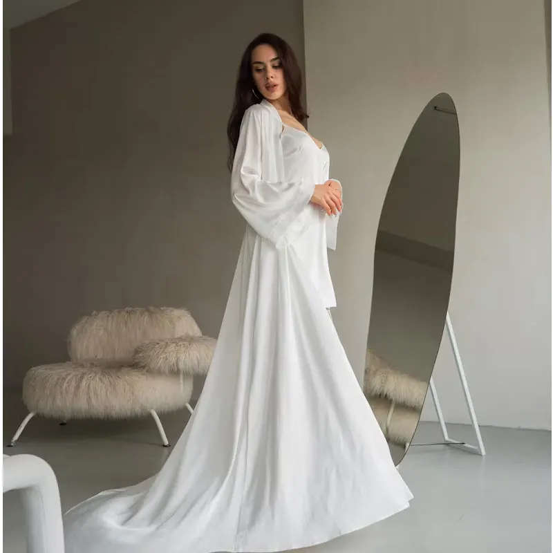 

White Robe and Nightgown Set Bridal Pajamas 2PCS Wedding Silk Lingerie Bridal Sleepwear Christmas Birthday Valentine's Day Gifts